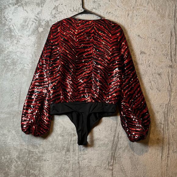 NBD Rochelle Size Medium Bodysuit in Red & Black‎ Long Sleeve - Picture 6 of 7